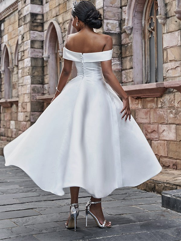 Wholesale A-Line/Princess Satin Ruffles Off-the-Shoulder Sleeveless Ankle-Length Wedding Dresses